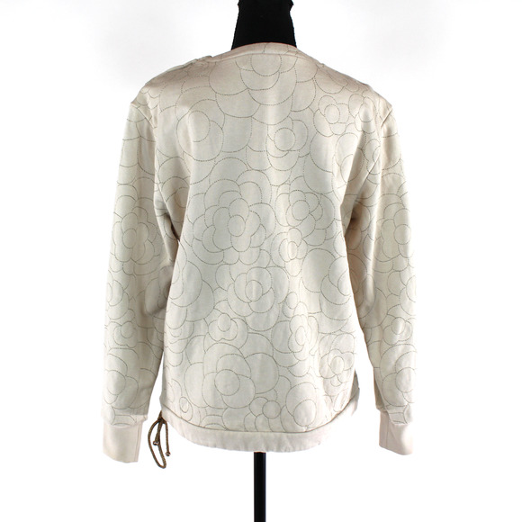 CHANEL Camelia Floral Stitched Beige Cotton Crewneck Sweater 38 Logo CC Button - Picture 5 of 7